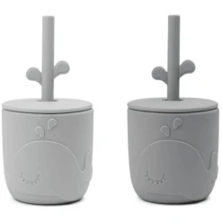 Done By Deer™ Strohhalmbecher Peekaboo Wally Grau 2er-Pack