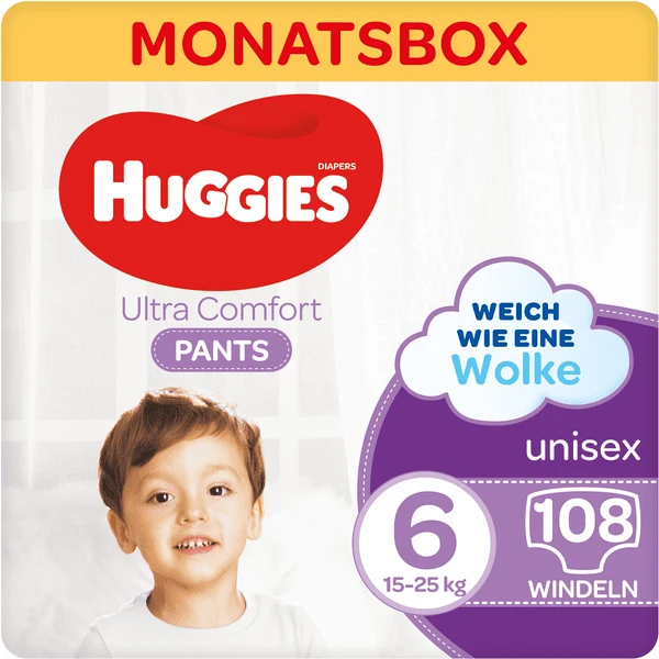 Huggies Comfort Pants-Windel, Monatsbox, Größe 6 108 Windelhosen 3 Huggies Comfort Pants-Windel, Monatsbox, Größe 6 108 Windelhosen