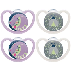 NUK Nachtschnuller Space Gr. 2, 6 -18 Monate Silikon, Katze & Glühwürmchen, 4 Stück