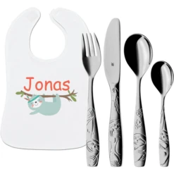 Schnullireich Geschenkset Mit Namen WMF Kinderbesteck Tommy + Lätzchen Kleines Faultier Silber